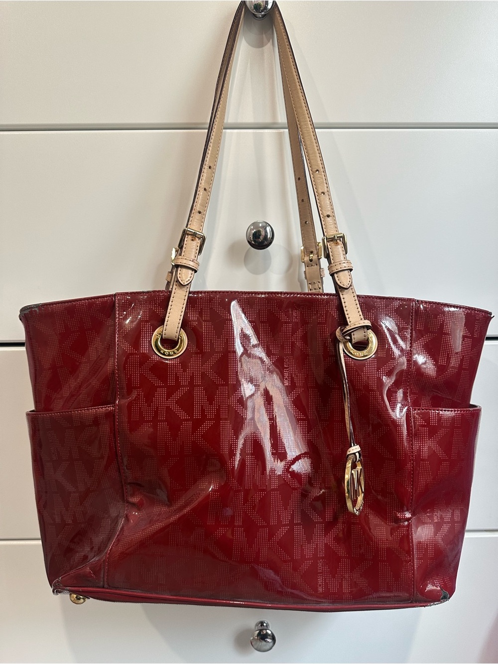 Michael Kors Red Patent Tote with Beige Straps
